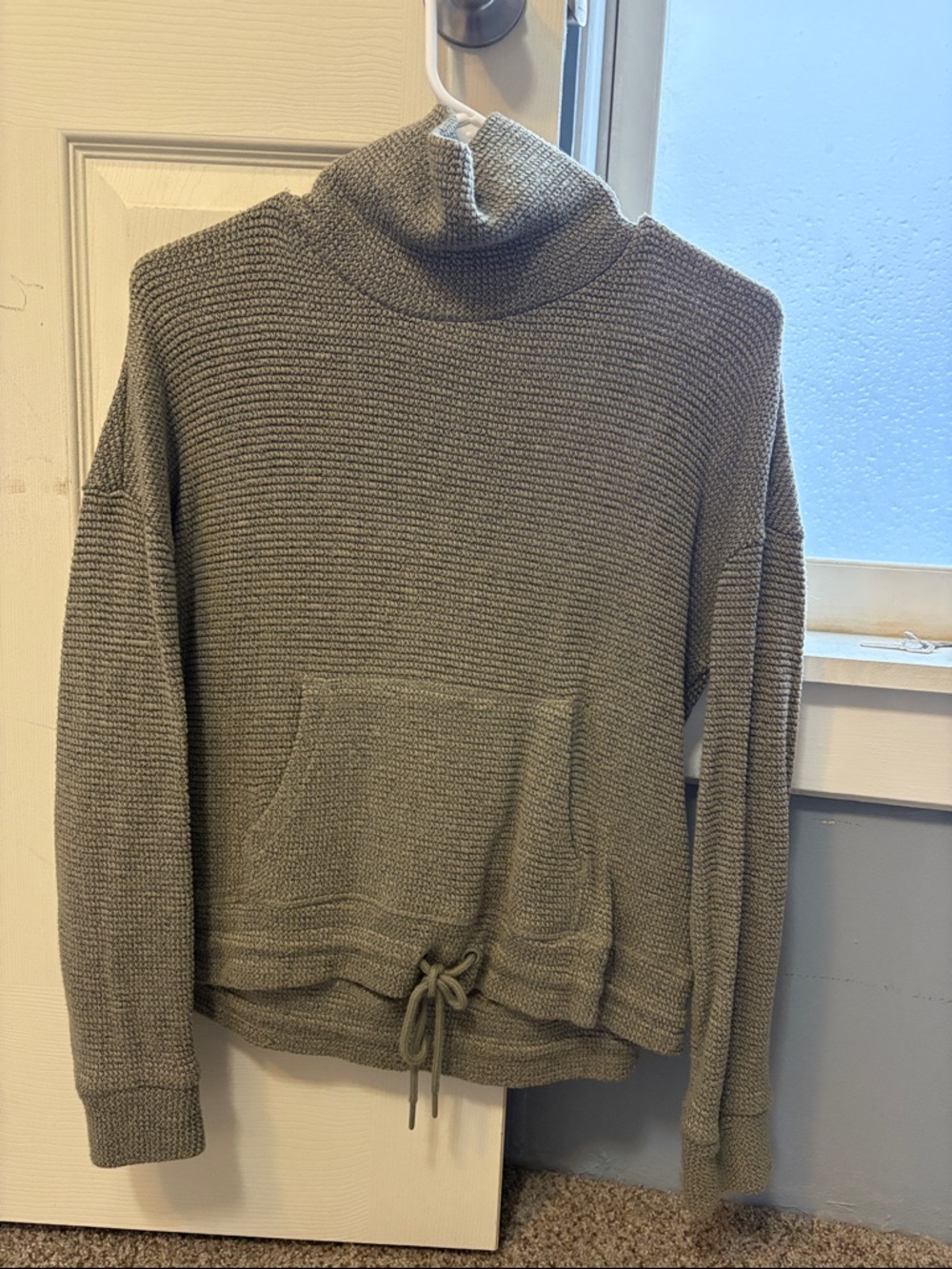 90 Degree By Reflex Olive Waffle Turtleneck Sweater with Kangaroo Pocket